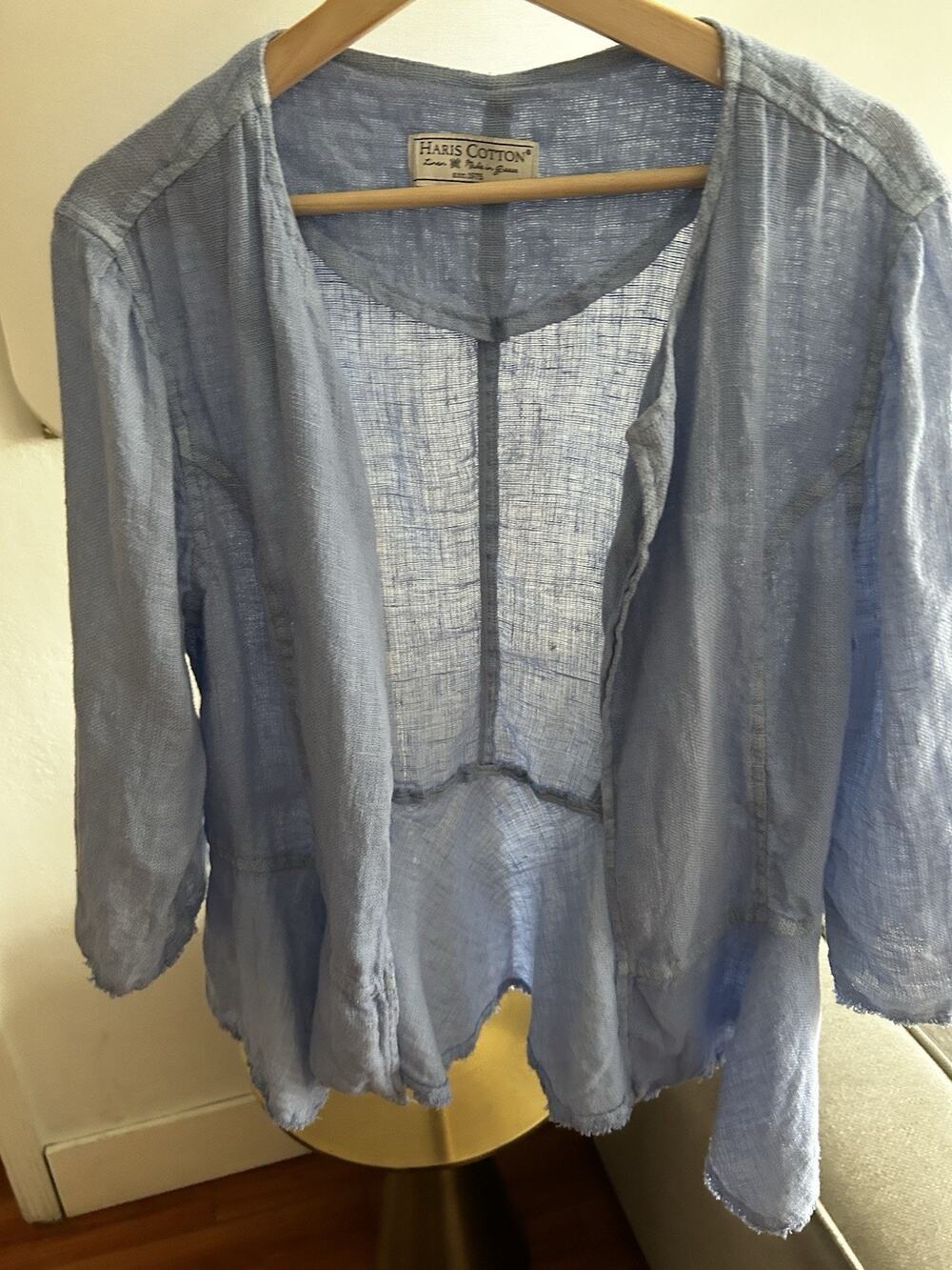 Haris Cotton Womens Blue Coastal Lagenlook Minimalist Linen Jacket L Open
